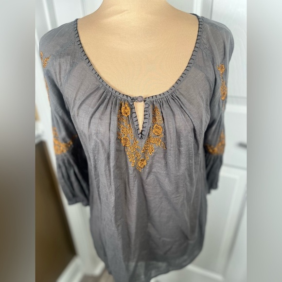 Anthropologie Floreat Charcoal Blouse with Mustard Color Embroidery Size 2 - Picture 3 of 11